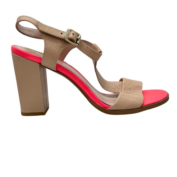 VINCE CAMUTO BEIGE & HOT PINK NOVASI BLOCK HEEL T STRAP SANDAL - Picture 3 of 16
